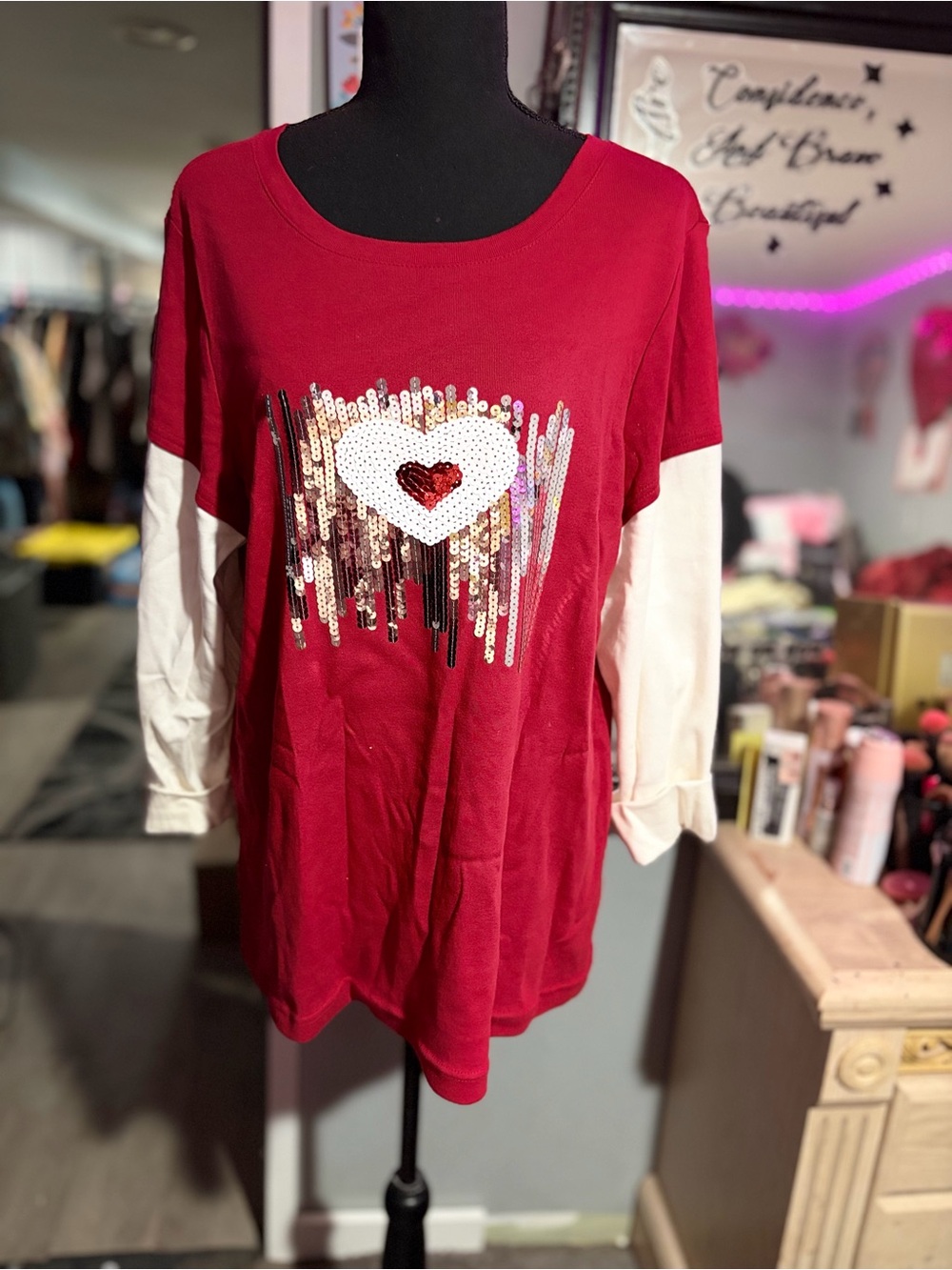 LA BLUES Long Sleeve Sequined Heart Tshirt S:14-16